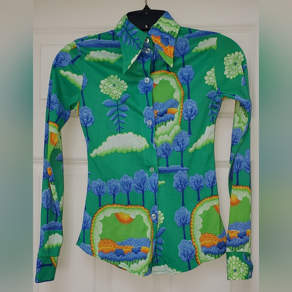 1960s Kids Polyester Long Sleeve Button Hippie Blouse Shirt Green & Blue Trees